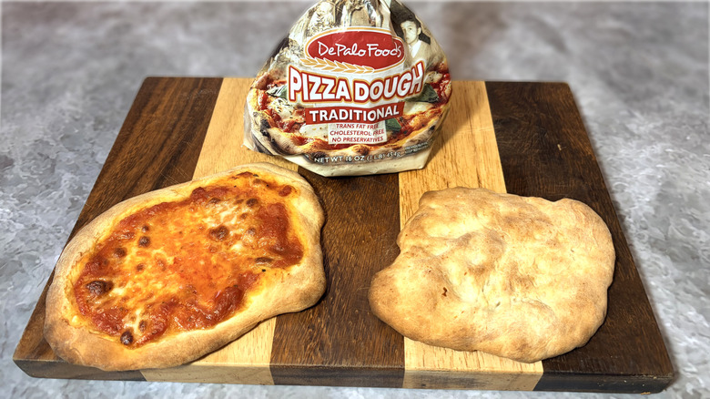 Bag of DePalo pizza dough with cooked crust and pizza