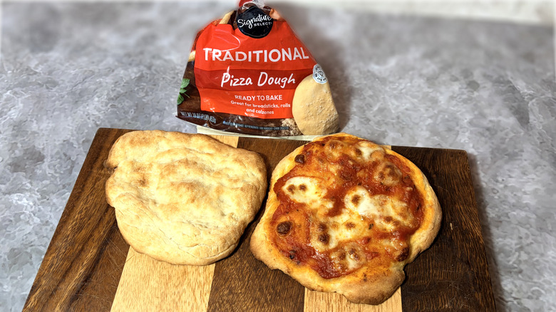 Bag of Signature pizza dough with cooked crust and pizza
