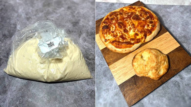 Bag of Whole Foods pizza dough next to cooked crust and pizza