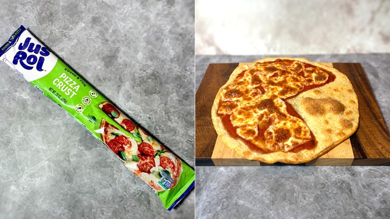 Bag of JusRol pizza dough next to cooked crust and pizza