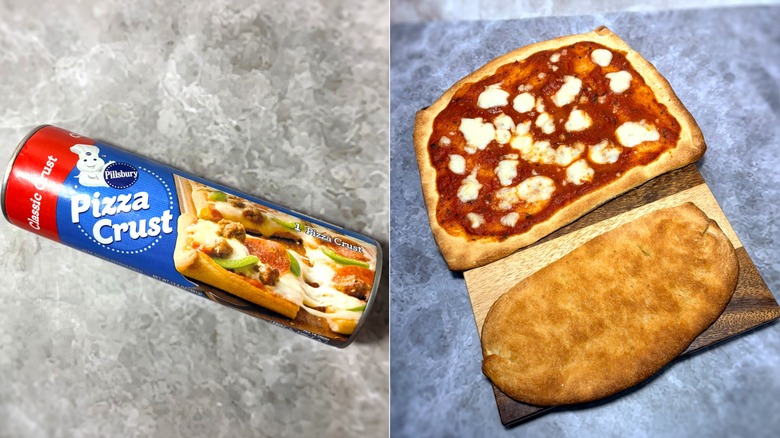 Can of Pillsbury pizza dough next to cooked crust and pizza