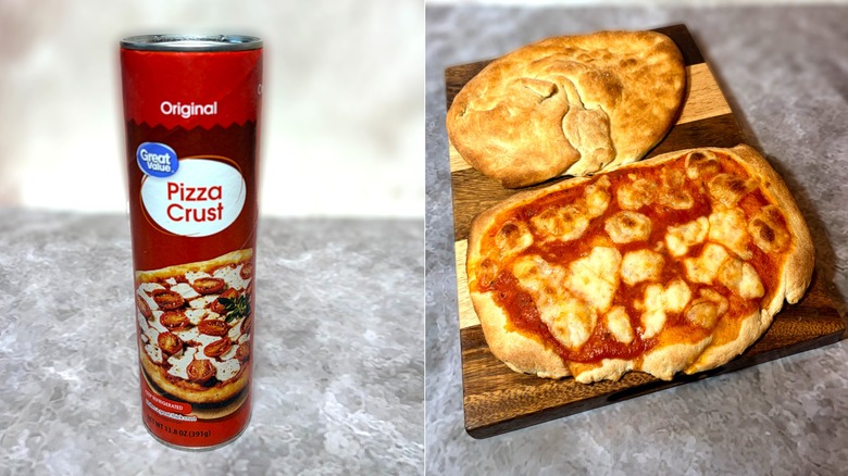 Can of Great Value pizza dough next to cooked crust and pizza