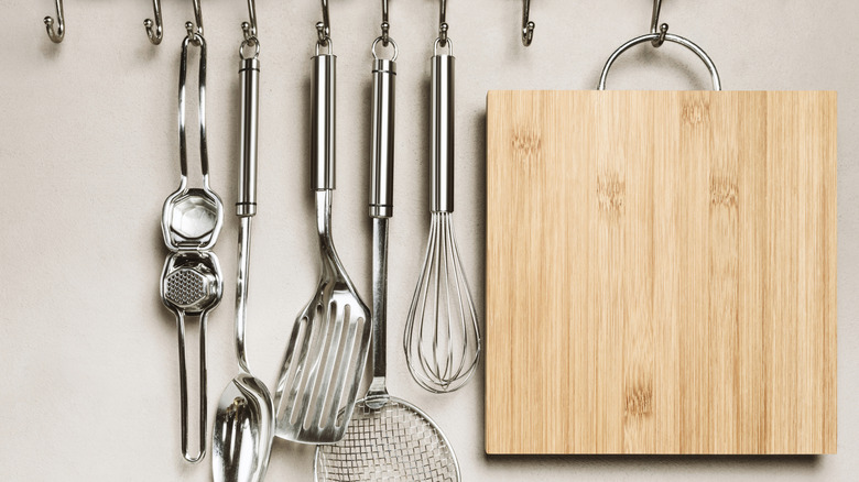 Metal utensils on hooks