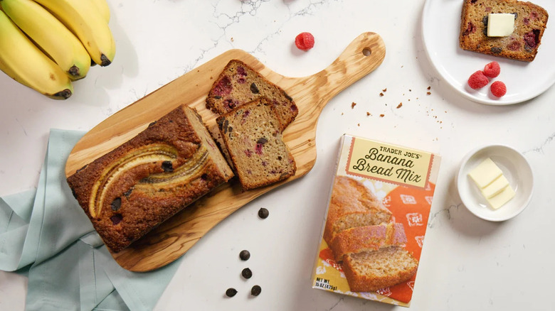 Banana bread mix with sliced banana bread