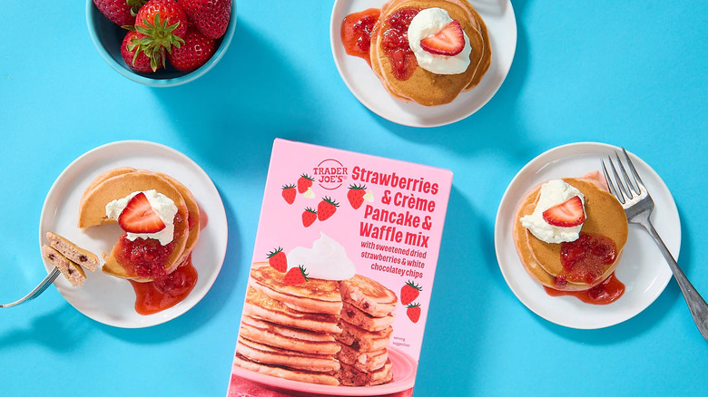 Strawberries and Creme pancake mix box with pancakes and strawberries