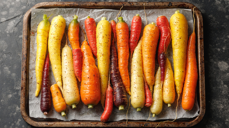 Sheet pan of multi-colored roasted carrots