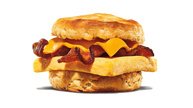 A toasty Burger King biscuit with an egg patty, bacon, and cheese isolated on a white background