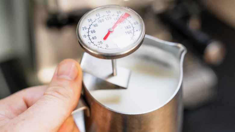 Thermometer measuring steamed milk in silver pitcher