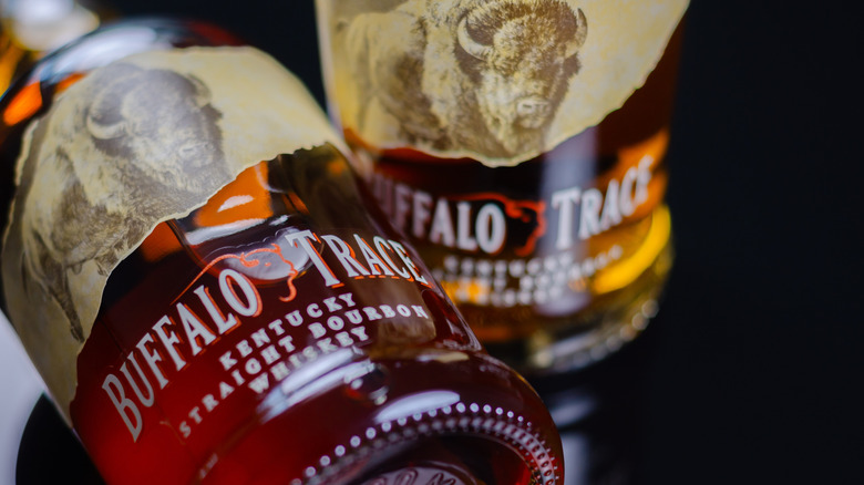 Close up of 2 bottles of Buffalo Trace whiskey