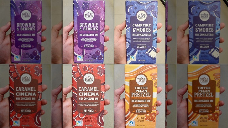 Collage of four new Whole Foods Market milk chocolate bars