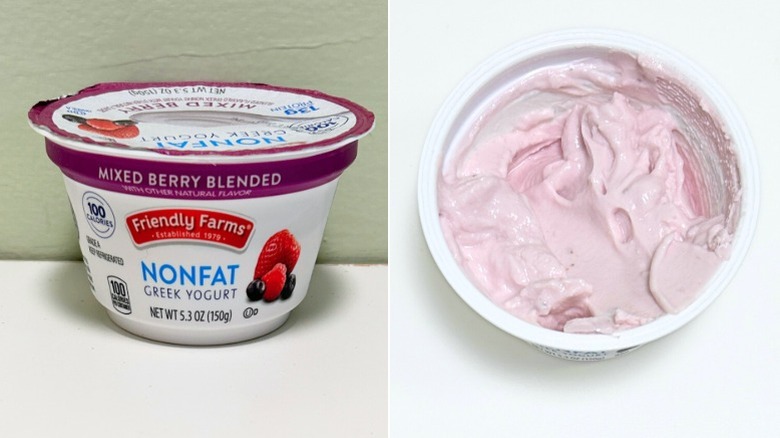A tub of Friendly Farms Mixed Berry Blended Nonfat Greek Yogurt next to mixed berry yogurt