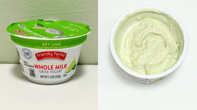 A tub of Friendly Farms Whole Milk Key Lime Greek Yogurt next to key lime yogurt