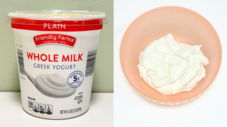 A tub of Friendly Farms Plain Whole Milk Greek Yogurt next to a pink bowl of yogurt