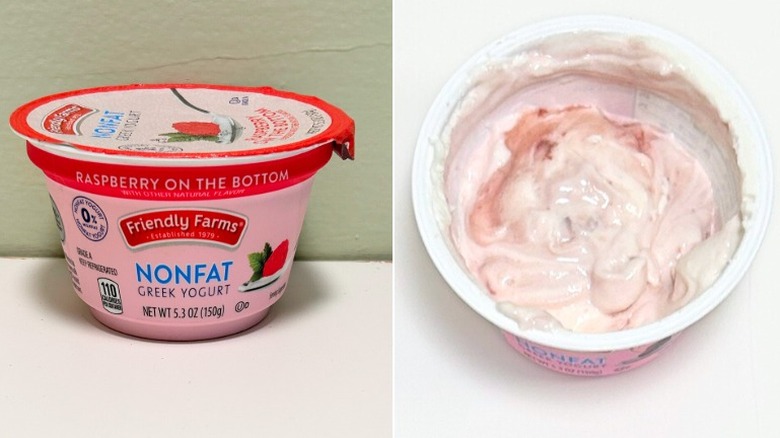 A tub of Friendly Farms Raspberry On The Bottom Nonfat Greek Yogurt next to raspberry yogurt