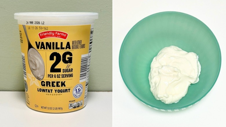 A tub of Friendly Farms Vanilla Greek Low Fat Yogurt next to a green bowl of yogurt