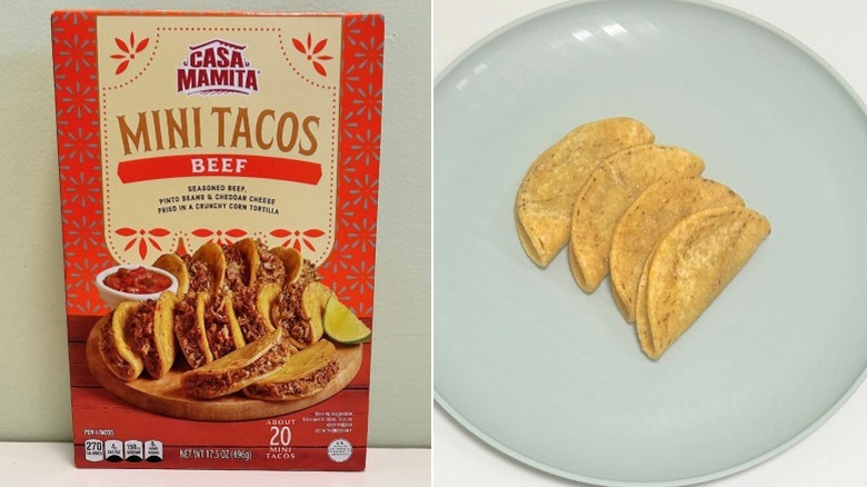 A box of Casa Mamita Mini Beef Tacos next to mini beef tacos on a green plate