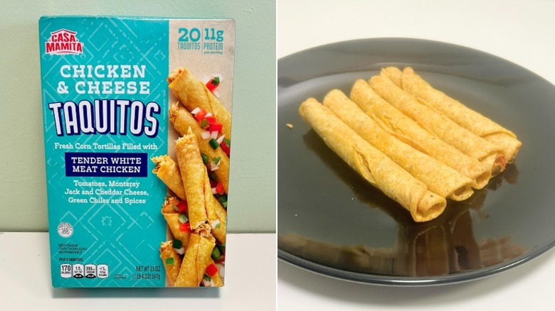 A box of Casa Mamita Chicken and Cheese Taquitos next to taquitos on a black plate