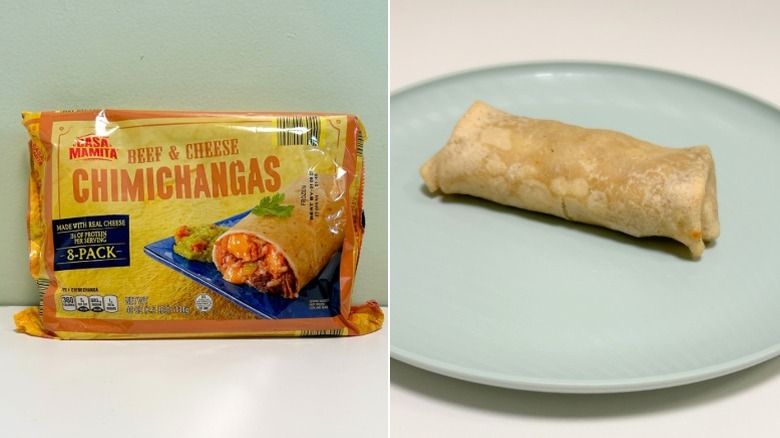 A bag of Casa Mamita Beef and Cheese Chimichangas next to a chimichanga on a blue plate