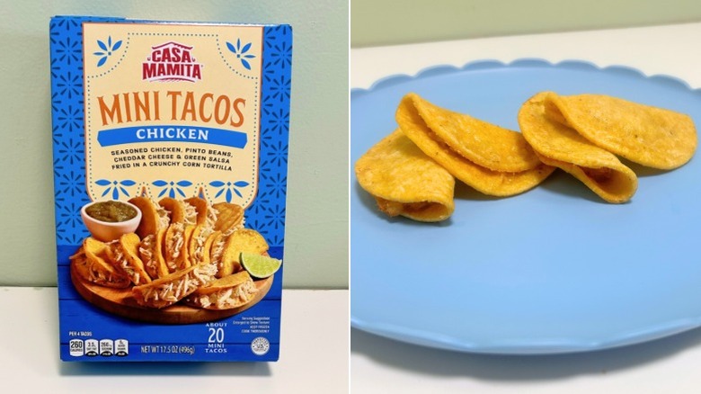 A box of Casa Mamita Mini Chicken Tacos next to mini chicken tacos on a blue plate