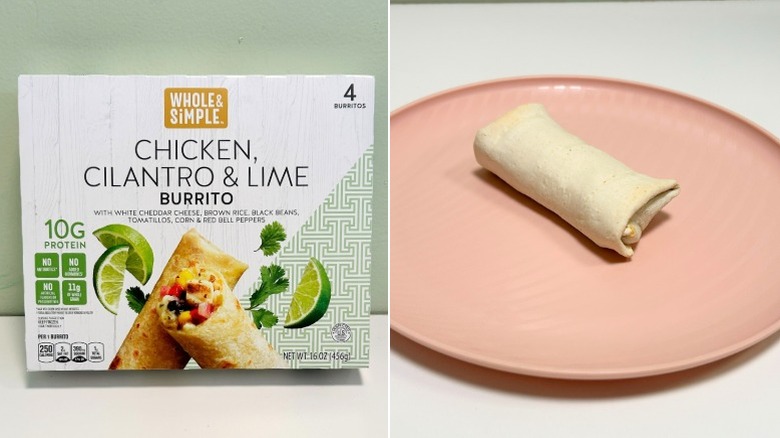 A box of Whole and Simple Chicken, Cilantro, and Lime Burritos next to a burrito on a pink plate