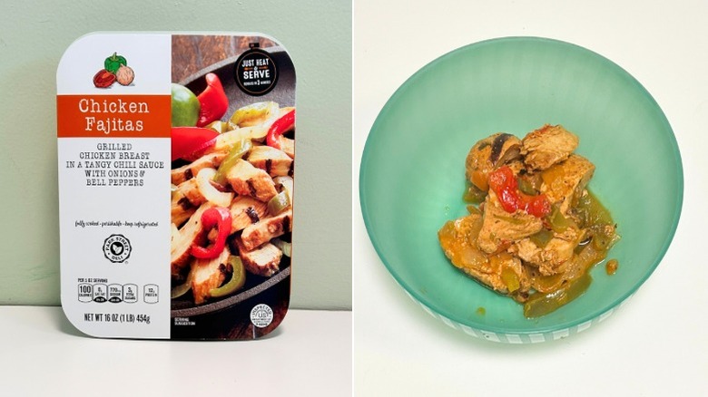 A container of Park Street Deli Chicken Fajitas next to a green bowl of chicken fajitas