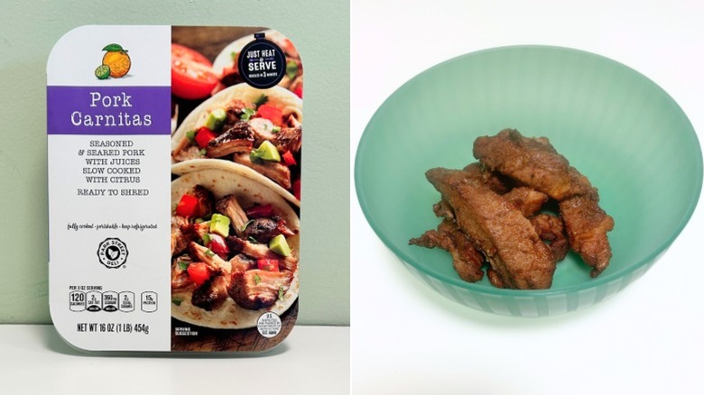 A box of Park Street Deli Pork Carnitas next to a green bowl of carnitas