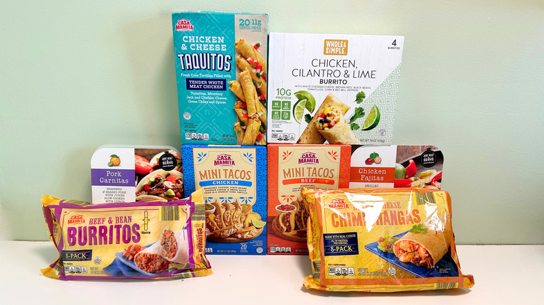 Several Aldi Mexican products lined up together in multiple layers