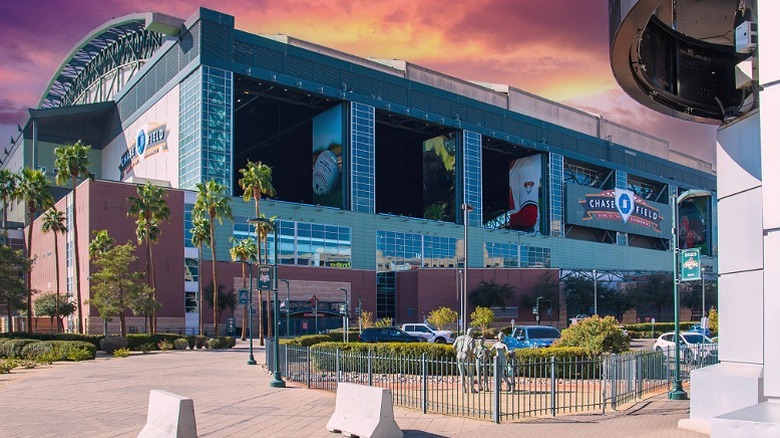 Chase field stadium seen from the side, with the name visible