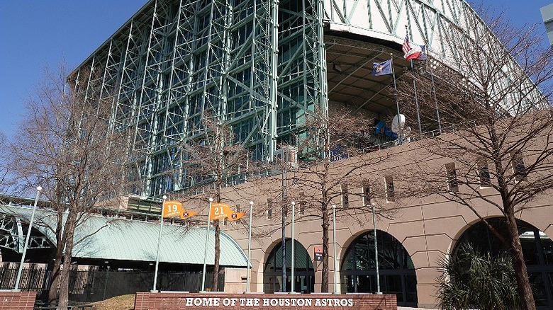 Daikin Park stadium with the slogan, "Home of the Houston Astros"