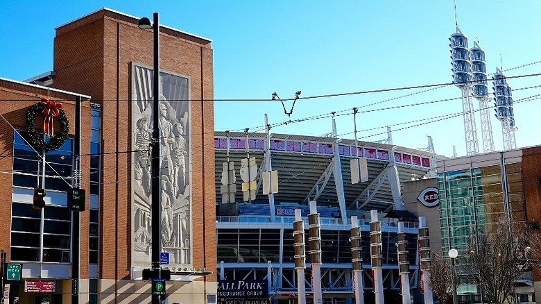 The facade of The Great American Ball Park stadium
