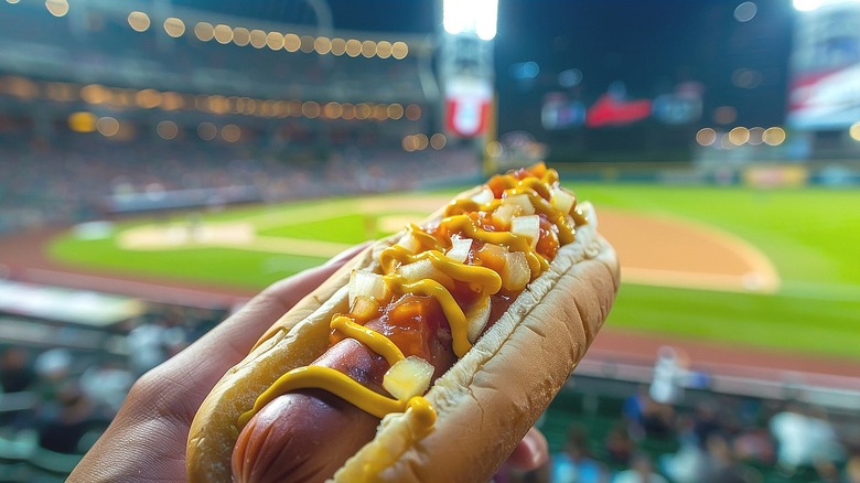 A hand holding a hot dog with mustard and relish, with a blurred baseball stadium in the background