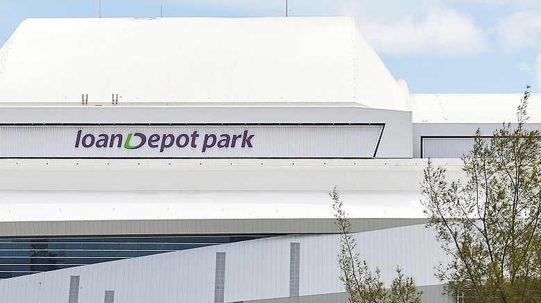 Side shot of Loan Depot Park with the name of the stadium showing