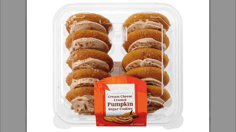 Package of Bake Shop cream cheese frosted pumpkin sugar cookies