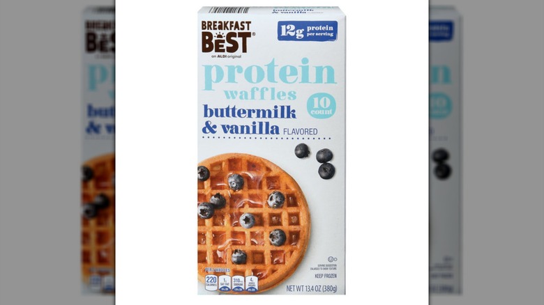 A box of Aldi's Breakfast Best Buttermilk & Vanilla Protein Waffles on a white background