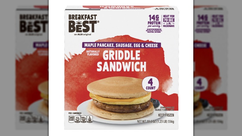 A box of Aldi's Breakfast Best Griddle Sandwiches on a white background