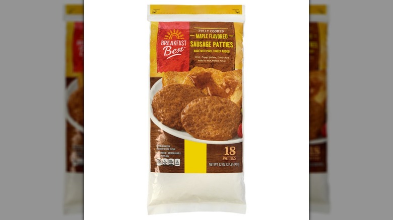A package of Aldi's Breakfast Best Maple Sausage Patties on a white background