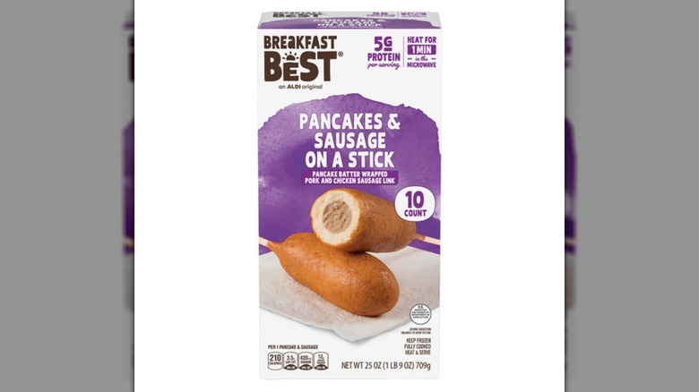 A box of Aldi's Breakfast Best Pancakes & Sausage On-A-Stick on a white background
