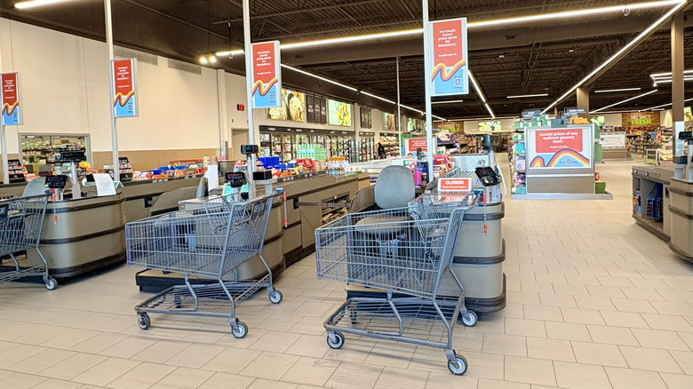 An interior shot of an Aldi location's cashier aisles