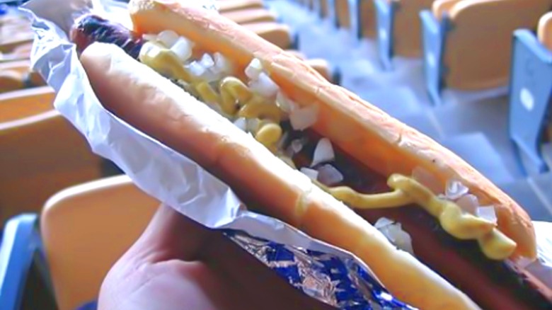 fan in ballpark stands holding dodger dog