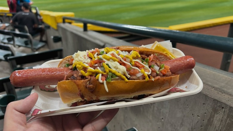 fan holding sonoran dog in ballpark stands