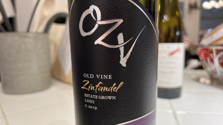 Close up of OZV Old Vine zinfandel wine bottle label