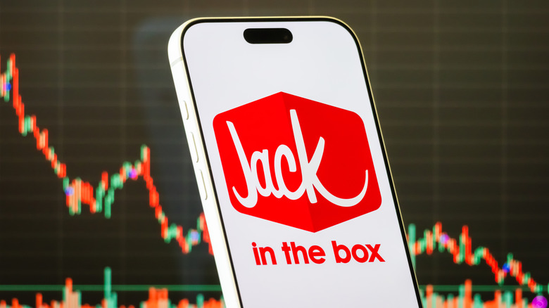 A smartphone with the Jack In The Box logo in front of a stock ticker that is going down