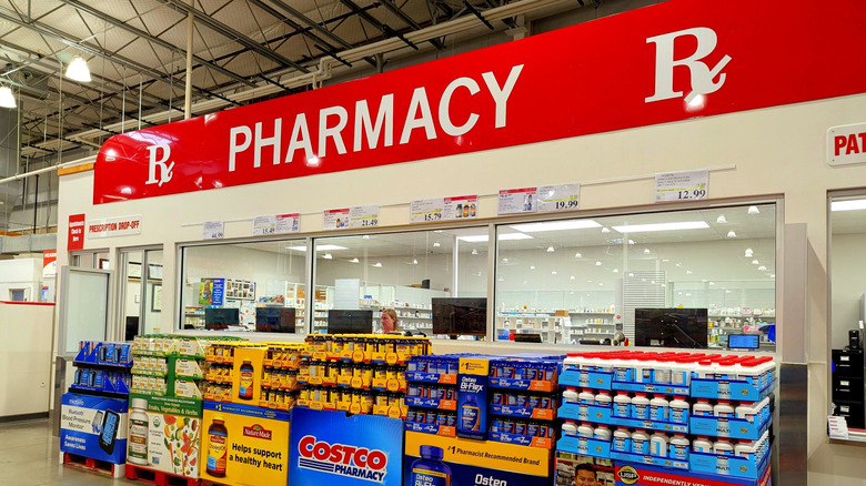 A Costco pharmacy in one of its stores, with medicinal products on display