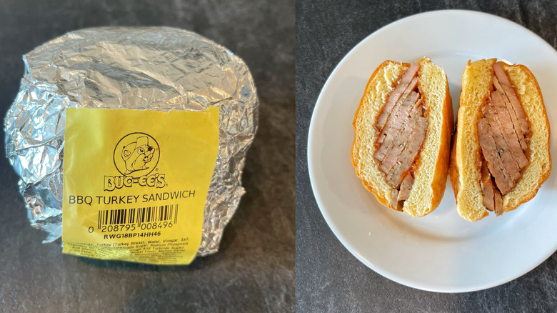 Buc-ee's BBQ turkey sandwich, wrapped on the left and cut in half on the right
