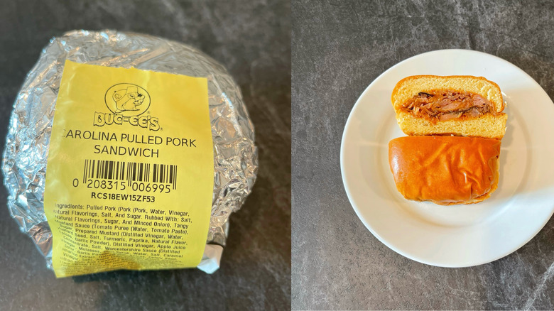 The Carolina pulled pork sandwich from Buc-ee's in two different photos