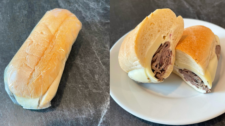 Buc-ee's roast beef sandwich unwrapped and cut in half