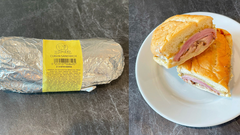 Buc-ee's Cuban sandwich wrapped on the left, and unwrapped on the right