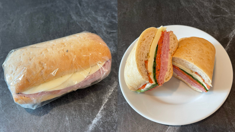The Italian hoagie from Buc-ee's, unwrapped and cut in half