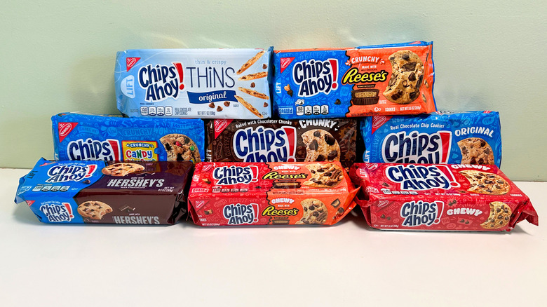 Eight bags of Chips Ahoy Cookies arranged together