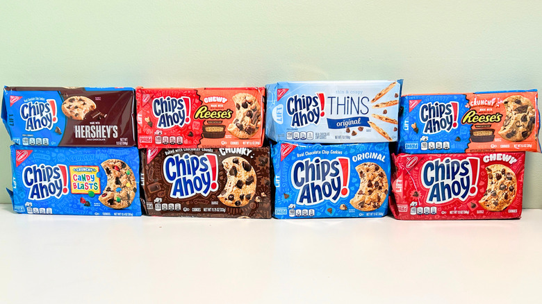 Eight Chips Ahoy cookie packs stacked two deep in a line